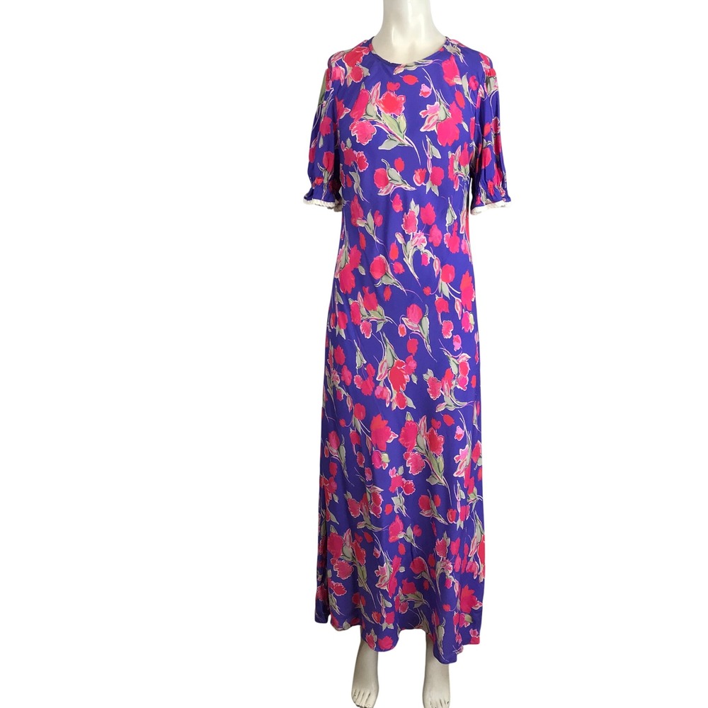 Rixo Floral Maxi Dress Purple Pink Short Sleeve Lace Trim Size‎ Large 10